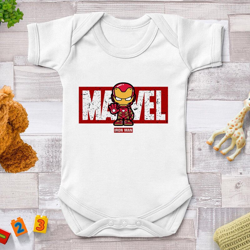 Macacão de manga curta para bebê recém-nascido, macacão Harajuku casual, Vingadores Marvel, Tony Stark, Iron Man Print, roupas infantis, 0-24M