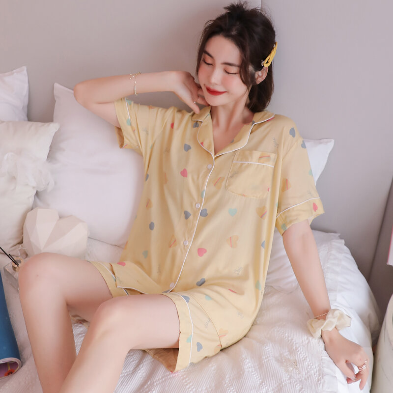Short-Sleeved Cardigan Poplin Pajamas Women's Summer Internet Hot Cotton Silk Home Wear Japanese Style Fat Girl Fresh Student