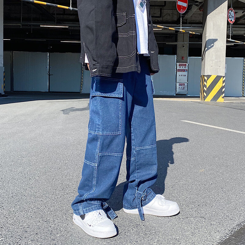 Męskie jeansy szerokie nogawki spodnie denimowe luźne proste workowate męskie jeansy Streetwear deskorolka spodnie hip-hopowe neutralne spodnie dżinsy Cargo
