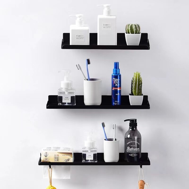 Estante de cocina para baño, estantería de un solo nivel para champú, sin perforaciones, color blanco y negro