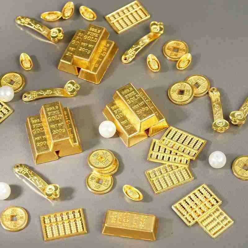 10Pcs 1:12 Miniature บ้านตุ๊กตาอุปกรณ์เสริม Mini Ruyi Gold Ingot ทองทองแดงเหรียญชุดตกแต่งตุ๊กตา House decor