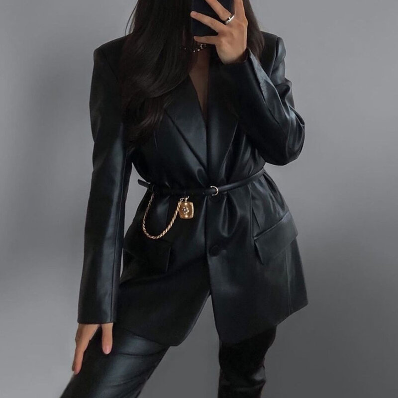 2021 Autumn Winter New Solid Color Women PU Jacket Suit Single-breasted Lapel Long Sleeve Western Style Fashion Design