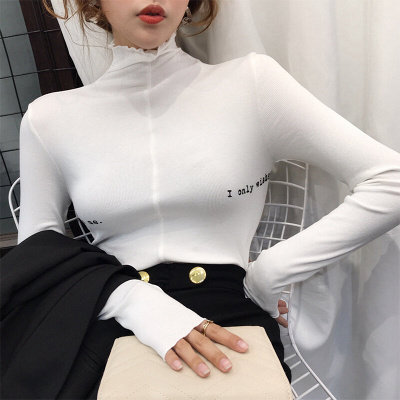 2019 가을, 겨울 트렌디 한 유럽 슬림 피트 다목적 톱 프릴 하프 터틀넥 Bottoming Shirt 여성 내면 착용 긴