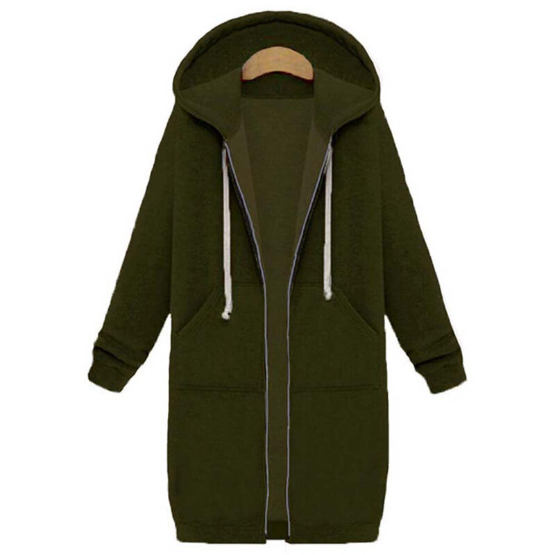 Uma vez 2020 outono casual feminino longo hoodies moletom casaco zip up outerwears jaqueta com capuz bolsos de inverno mais tamanho outwear topos
