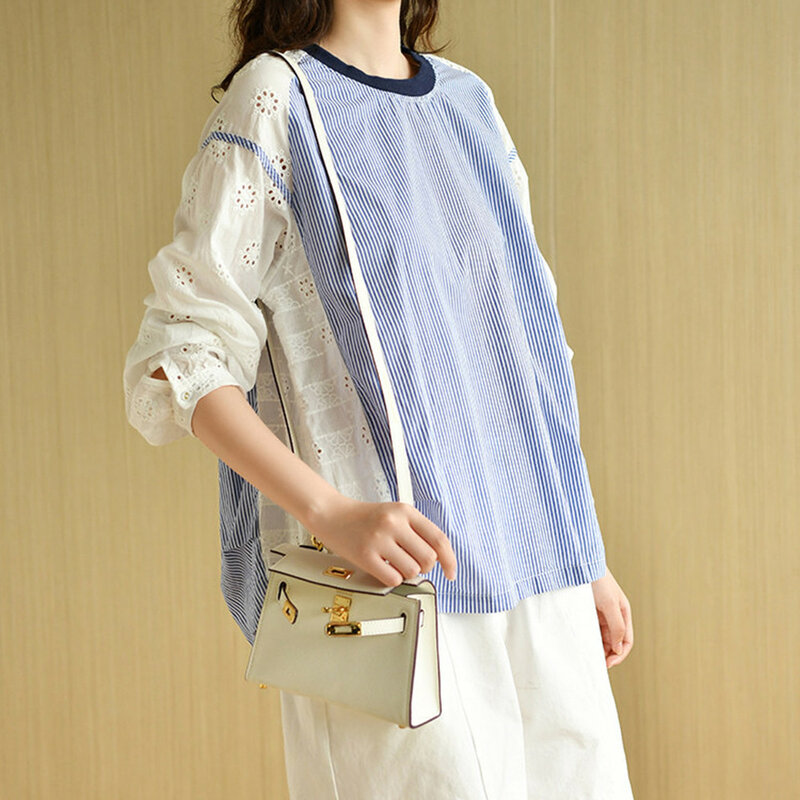 Blusa holgada informal de manga larga con cuello redondo para otoño, camisa de empalme de celosía para mujer, moda coreana, 2021