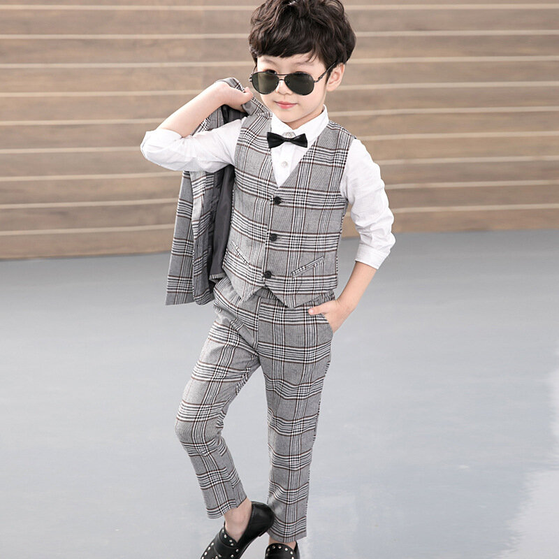 Boys Spring And Autumn Three-piece Boys' Plaid British Suits Boys' Attire