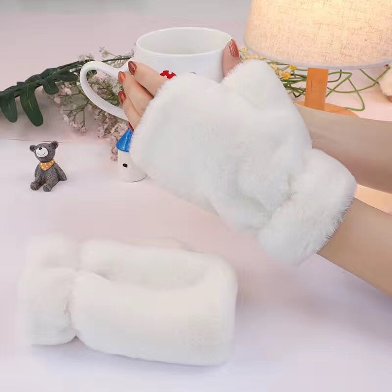 Women Winter Fur Rabbit Mittens Fingerless Gloves Cute cat Thicken Plush Warm Glove Soft Half Finger Flip Gloves For Women Girls