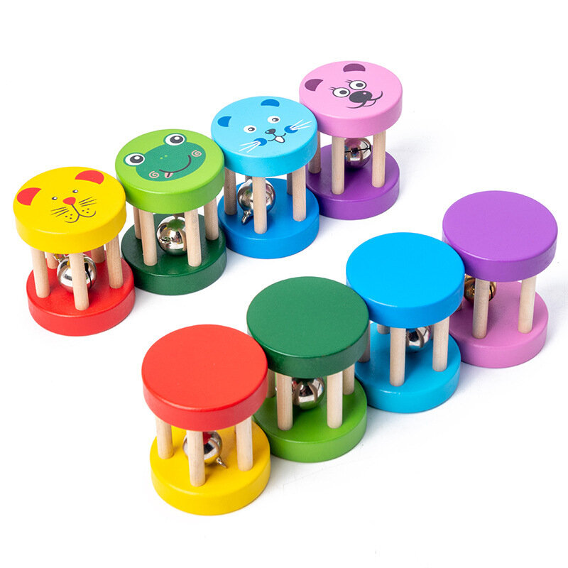 1pcs Baby Montessori Wooden Cage Rattles Toy Musical Hand Bell Instruments Shaking Handbell Toys Intellectual Educational Toys