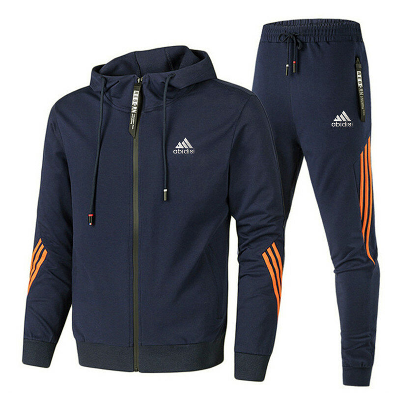 2021 primavera e outono marca de moda masculina de duas peças listrado roupas esportivas com capuz superior ao ar livre calças esportivas terno da trilha