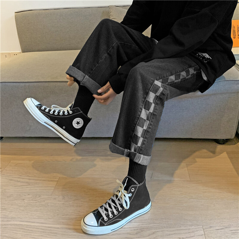 Harajpoo homem jeans 2021 primavera novo bf hong kong estilo coreano moda harajuku retro xadrez reta solta calças de perna larga maré
