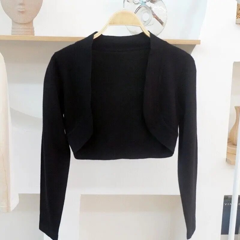 2022 wiosenny i jesienny nowy damski żakiet otwarty przód Bolero wzruszając ramionami elegancka, długa rękaw jednokolorowy dzianinowy przycięty sweter czarny biały