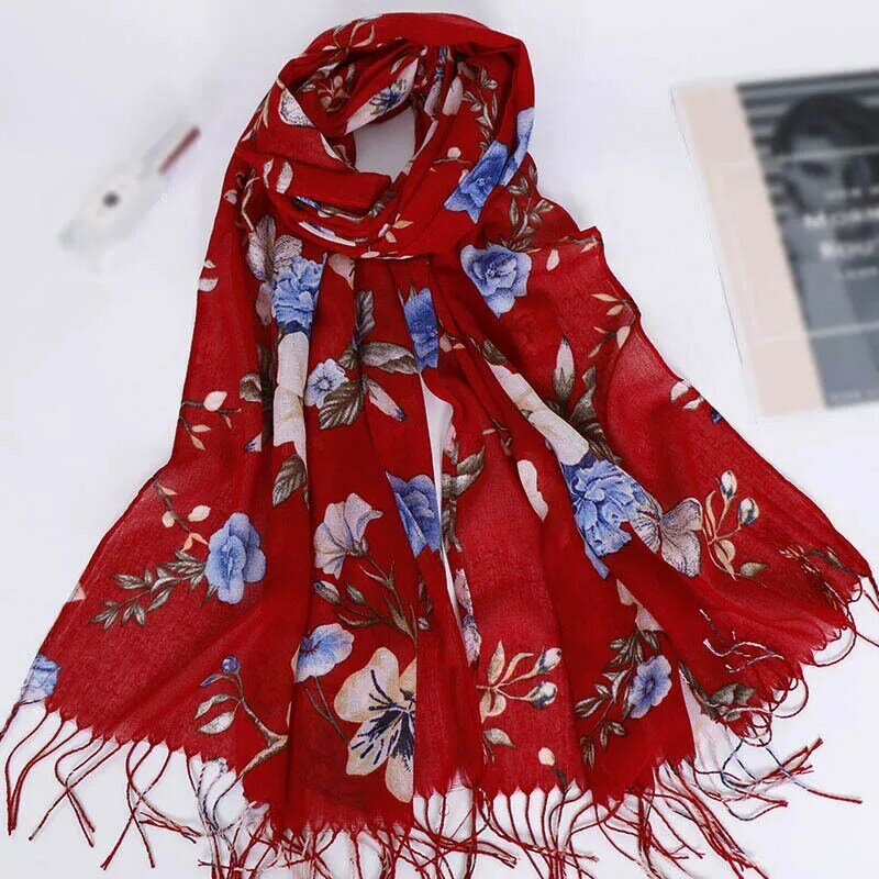 Bufandas con borlas de rayón estampadas para mujer, pañuelos transpirables y refrescantes de algodón y lino malasio