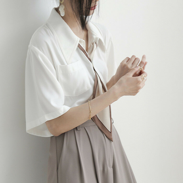 Женская шифоновая рубашка, профессиональная белая рубашка с коротким рукавом и галстуком, 21-2021, лето 1146