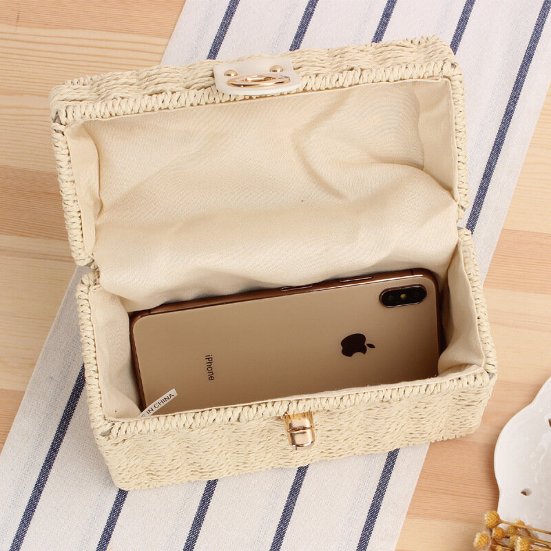 small fragrance wind sloping hand-held two-use casual weaving bag Japanese and Korean small square box grass-made beach bag