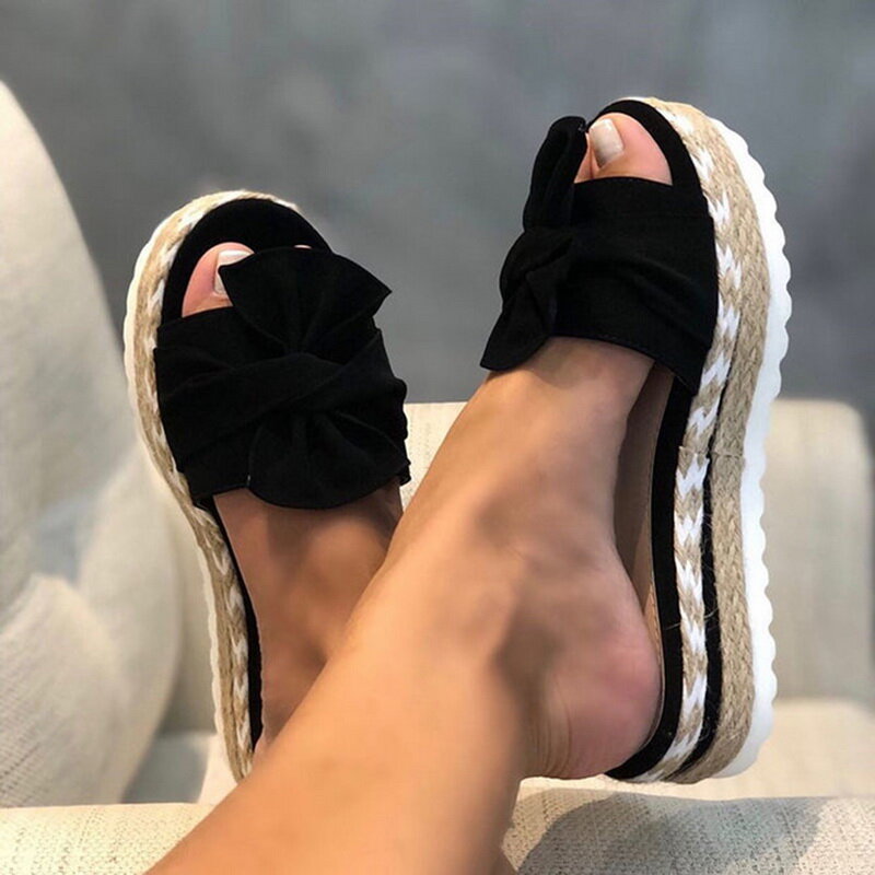 Sandales à semelle compensée pour femmes, chaussures d'été décontractées avec nœud papillon et bout ouvert, pour la plage, collection 2021