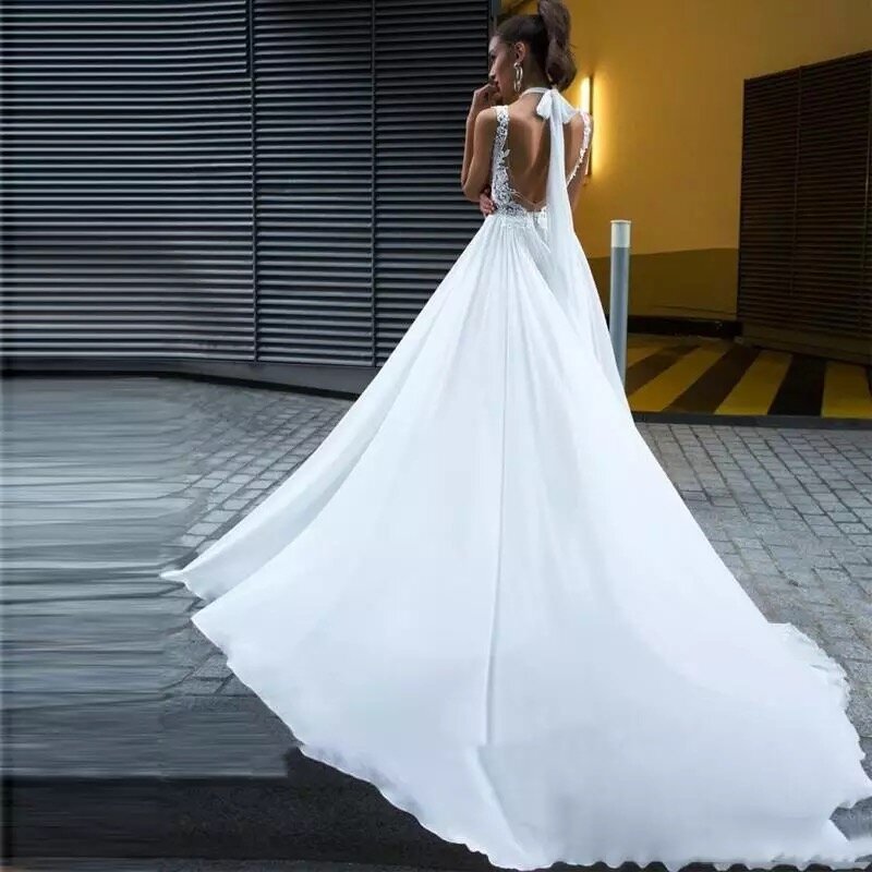 YunShagn seksowna strona podział Halter suknia ślubna linia bez rękawów koronkowe aplikacje Backless Sweep pociąg szyfonowa suknia dla nowożeńców