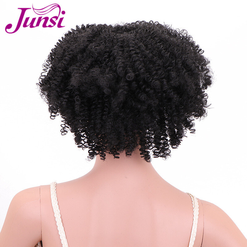 Peluca sintética JUNSI Afro Puff turbante, peluca corta rizada con cordón para la cabeza, peluca envolvente para afroamericano