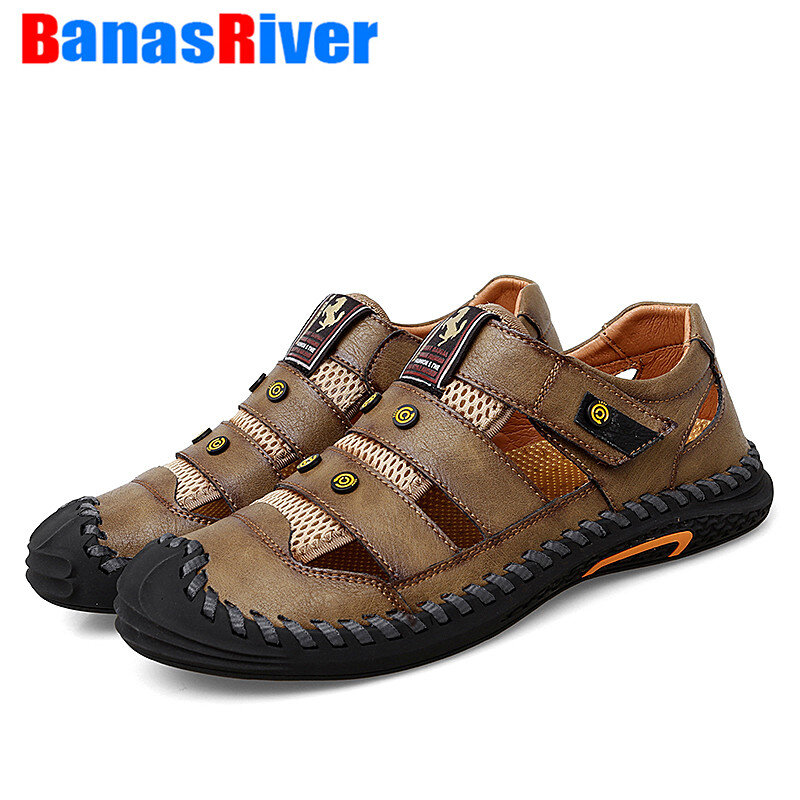 Casual Soft Sandals Leather Men Shoes Summer New Large Size Fashion Slippers Handmade Breathable Walking Driving Outdoor Sport