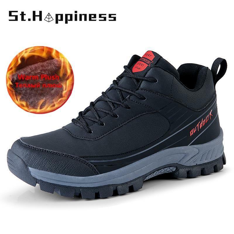 2021 New Winter Men Shoes Fashion Lightweight Casual Walking Shoes Outdoor Leather Warm Plush Non Slip Hiking Shoes Big Size