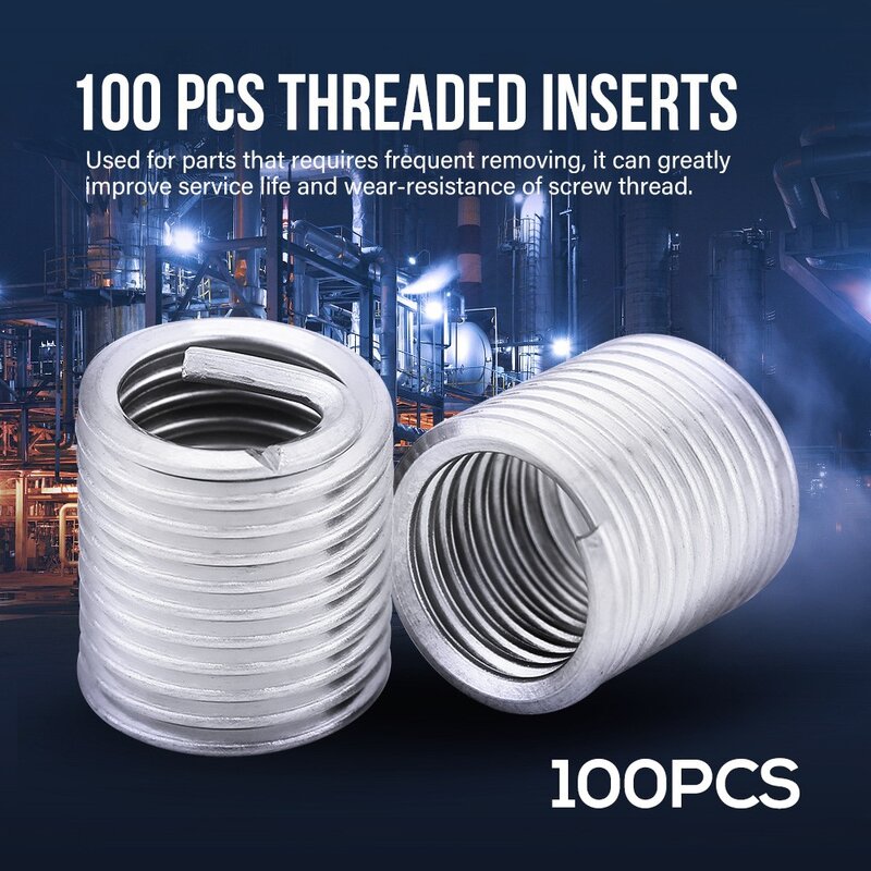 100pcs M8x1.25x2D Metric Helicoil Screw Thread Wire Inserts 304 Stainless Steel Resistance Wire Thread Insert Construction Parts