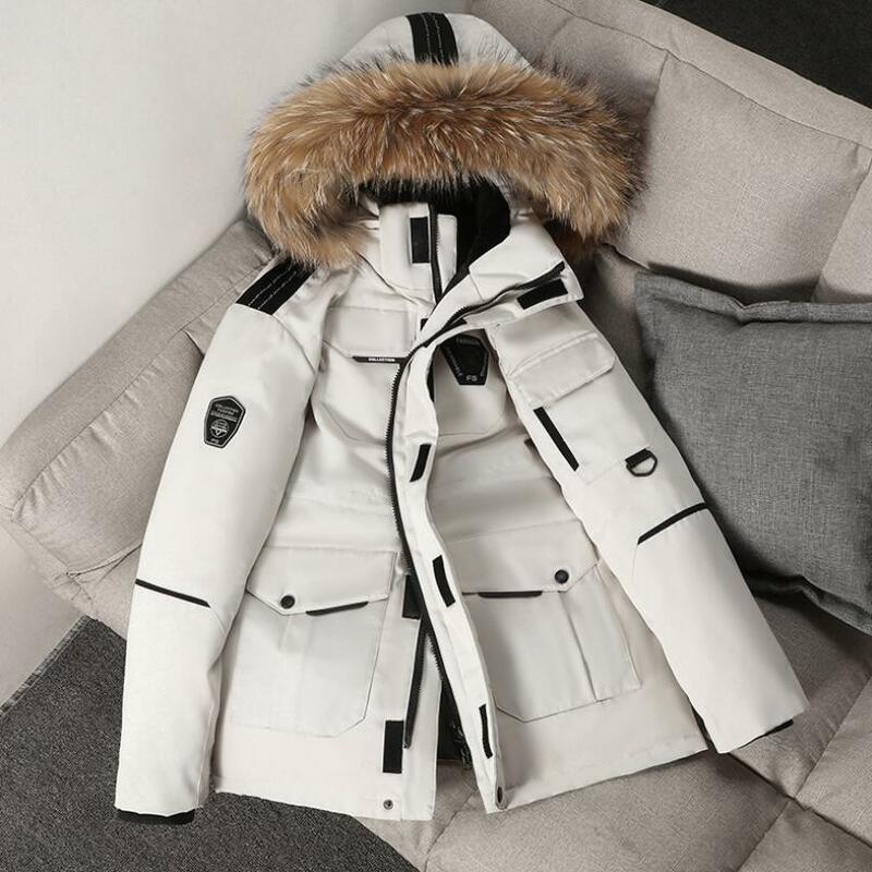 Jaqueta de inverno de 30 graus homens pato branco para baixo parkas casacos grosso quente puffer jaqueta grande casaco de pele com capuz engrossar casaco