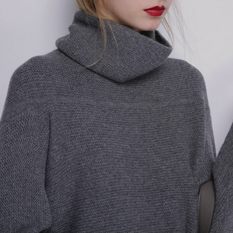 Свитер женский кашемировый, теплый однотонный вязаный Свободный пуловер с высоким воротником, Осень-зима