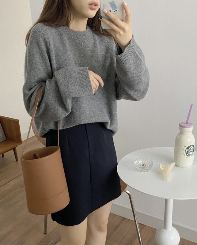 Suéter básico gola redonda feminino, pulôver primer camisa de manga longa coreano slim fit, outono inverno 2021