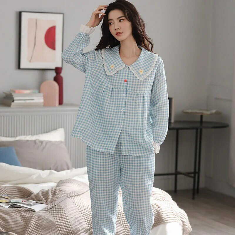 Pijamas de estilo coreano para mujer, ropa de dormir fresca de gasa de doble capa de algodón a cuadros con flores de manga larga, primavera y otoño
