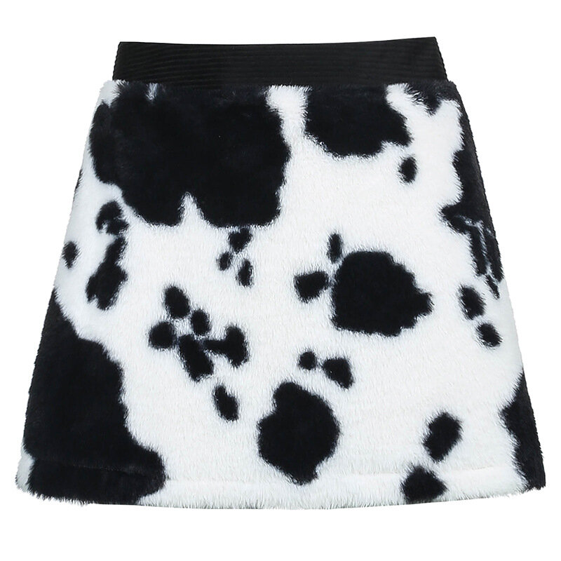 Ins saia preto e branco contraste cor padrão de vaca influxo de saias femininas outono e inverno cintura alta fina peluda a-line sk