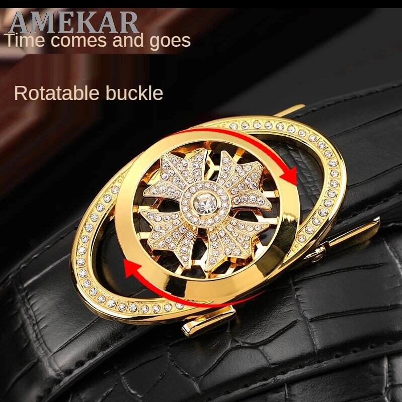 Cinturones de cuero genuino con diamantes de imitación para hombre, cinturón de Metal giratorio de alta calidad, hebilla automática, para negocios