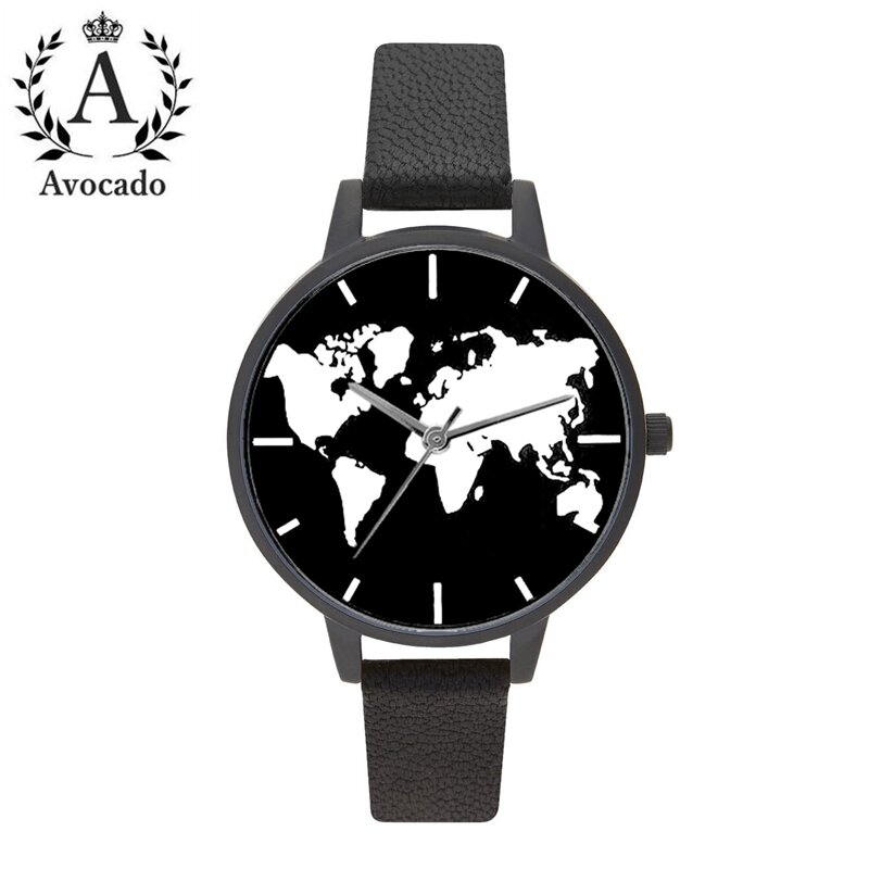 สีดำทั้งหมด World แผนที่นาฬิกาหนังใหม่สตรีนาฬิกาควอตซ์