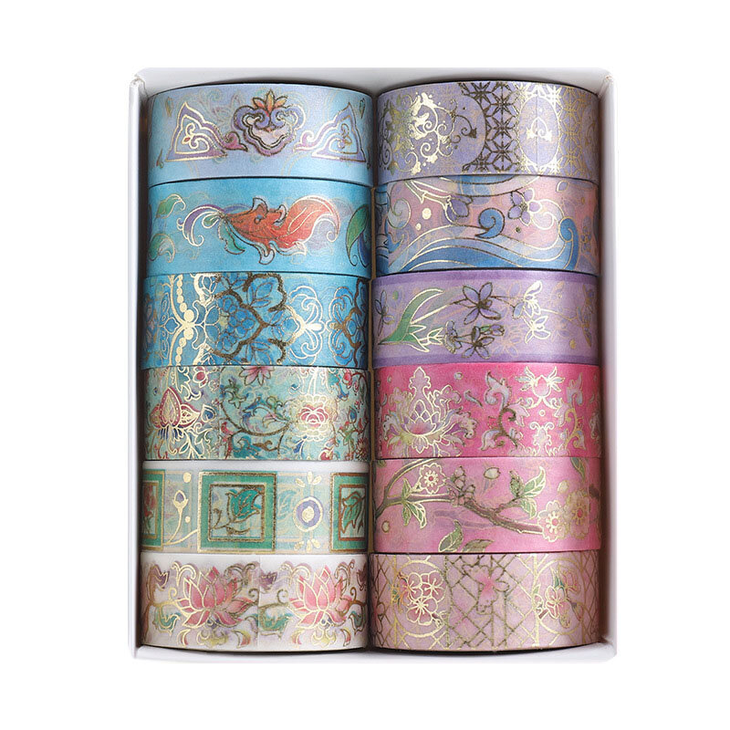 12 Rolls/Set Vintage Chinese Stijl Washi Tape Goud Folie Masking Tape Decoratieve Tape Dagboek Journaling Briefpapier Schoolbenodigdheden