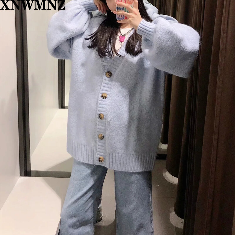 Xnwmnz za moda feminina oversized malha mistura cardigan manga longa balão com nervuras guarnições decote em v camisola cardigan feminino