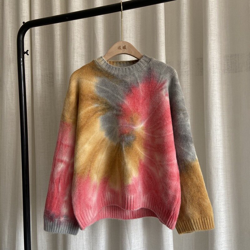 Damski sweter Tie Dye prosty miękki luźny jesień swobodny sweter moda zimowe ubrania damskie ubrania sweter oversize