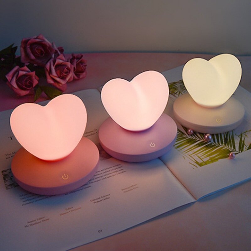 Control táctil LED lámpara de mesa USB recargable chica modelado de la lámpara ahorro de energía romántico de forma de corazón de amor decoración, luz de noche