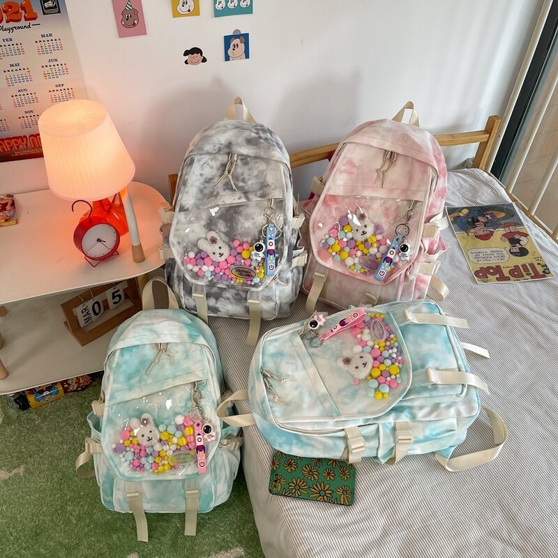 Новинка лета 2021, модный нейлоновый рюкзак из ПВХ для девушек, Корейская вместительная школьная сумка в стиле Tie-dye для студентов, милая дорож...