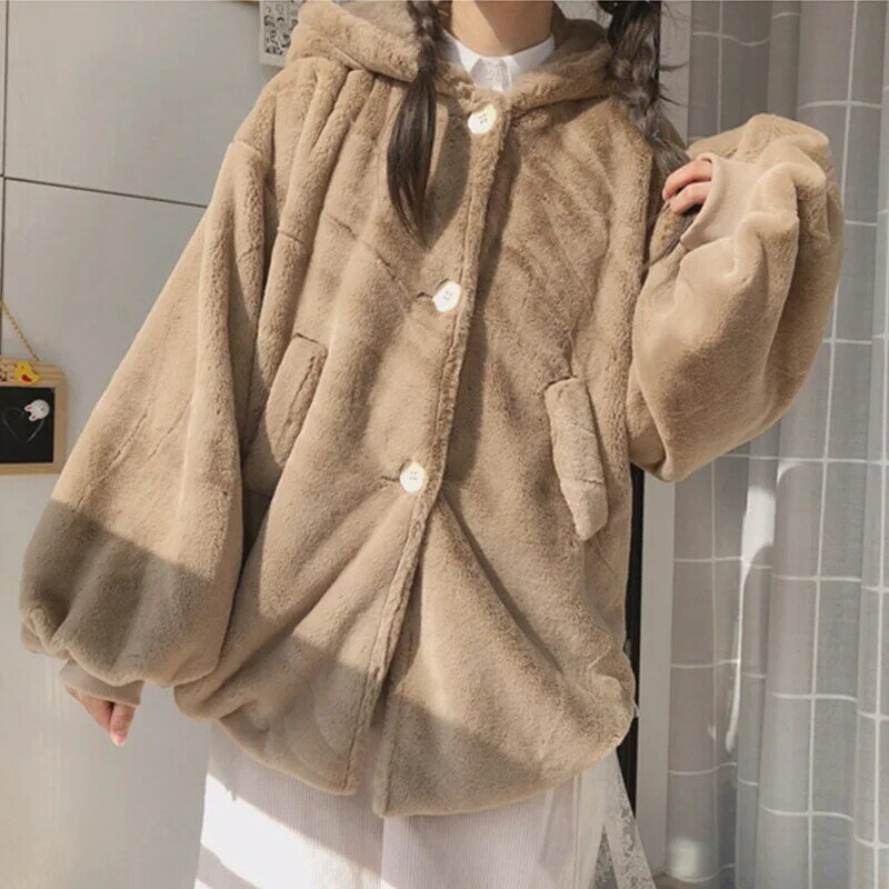겨울 자켓 귀여운 소녀 싱글 브레스트 Thicken Soft Plush Coat 빈티지 긴 소매 Kawaii Jk Lolita Hooded Outweare For Women