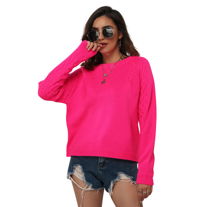 Wanita Neon Sweater Fluoresensi Fuchsia Turtleneck Lengan Panjang Pullover Kasual Longgar O Leher Rajutan Shirts Wanita Jumper