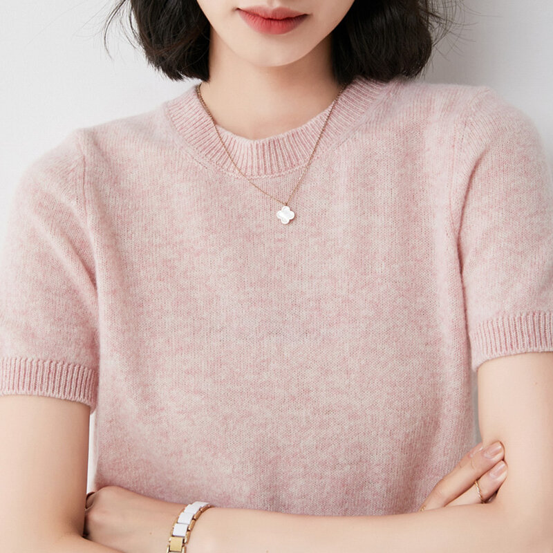 Camiseta de manga de punto para mujer, suéter de cuello redondo, primavera y otoño, 2021