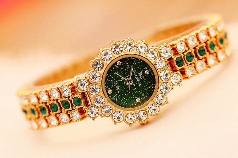 BS Iced-Reloj de lujo para mujer, pulsera resistente al agua, con diamantes de imitación, verde, plata, azul