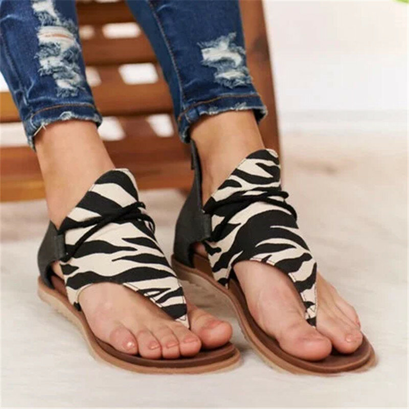 Sandales d'été à imprimé léopard pour femmes, chaussures plates, grande taille, nouvelle mode