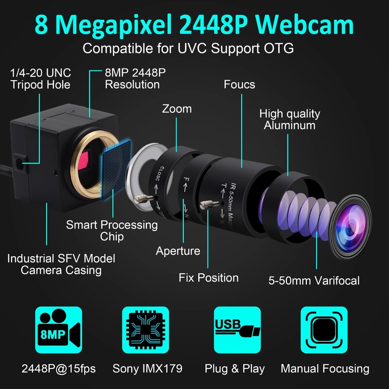 USB Webcam CCTV 5-50mm Varifocal Lens 8Megapixel High Definition IMX179 Mini HD 8MP Industrial USB Camera for Laptop PC