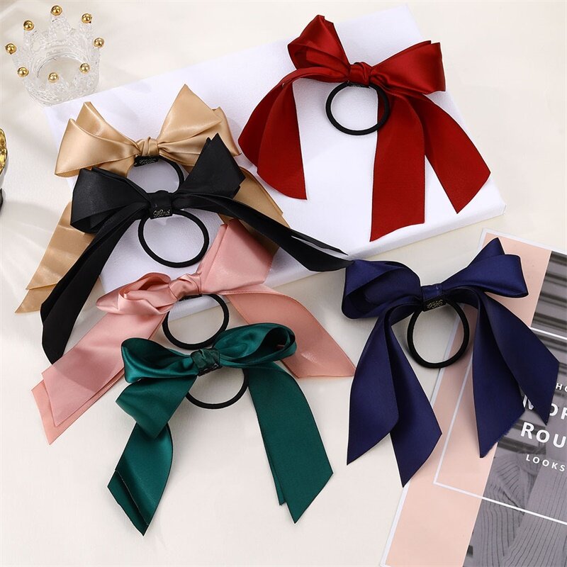 1pcs Korean Bow-Knot Elastic Hair Bands Accessories Fashion Hair Band Long Ribbon Bow Ponytail Hair Tie Scrunchies Women Girls