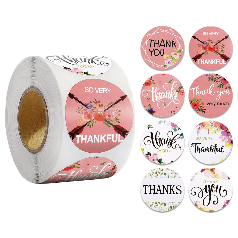 500Pcs/Roll Bunga Merah Muda Terima Kasih Stiker Label untuk Penyegelan Dekorasi Stiker Kecil Bisnis Pernikahan Ulang Tahun Pesta Natal