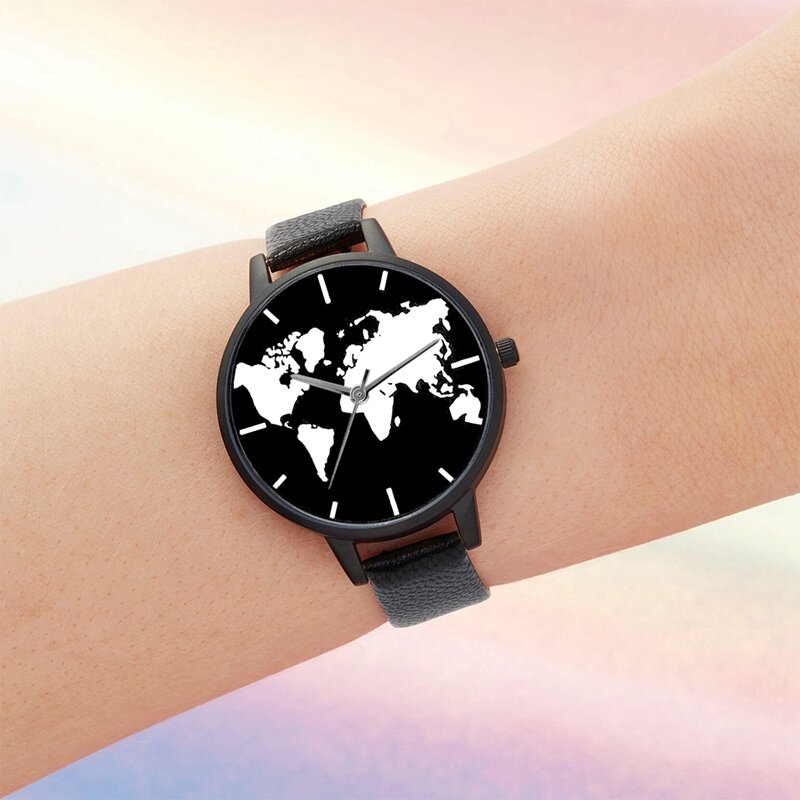 Todo o relógio mapa do mundo preto, relógio de quartzo de couro novo das mulheres