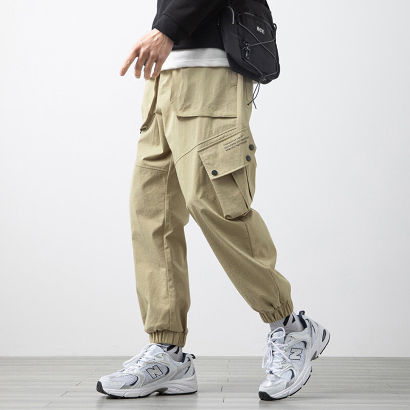 Calça esportiva masculina preta cáqui, calça jogger casual com vários bolsos, primavera 2021