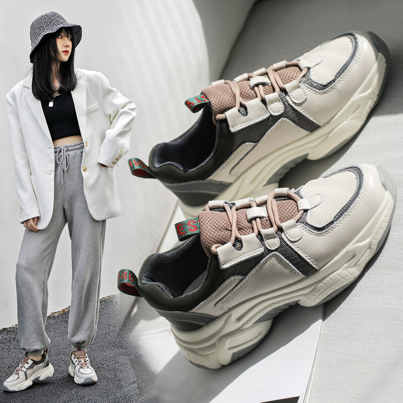 캐주얼 통기성 가죽 패션 스포츠 스니커즈 여성용, 편안한 플랫폼 신발, 블랙, 2021 봄 가을