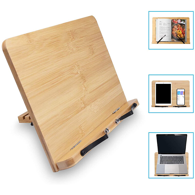 Suporte de livro de bambu, suporte dobrável portátil ajustável da tabuleta, mesa de leitura para o suporte do clipe do livro da música do piano