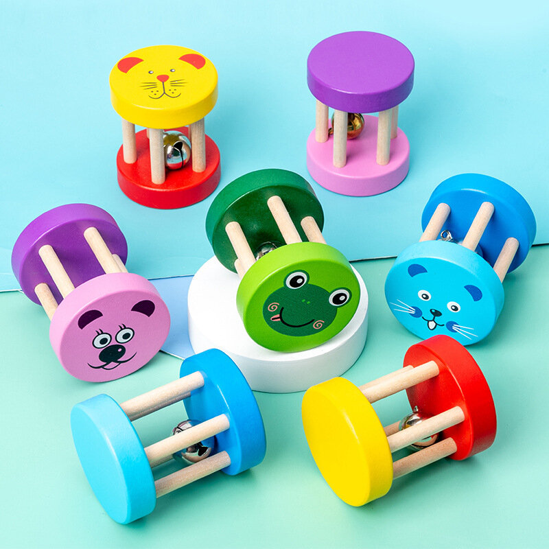 1pcs Baby Montessori Wooden Cage Rattles Toy Musical Hand Bell Instruments Shaking Handbell Toys Intellectual Educational Toys