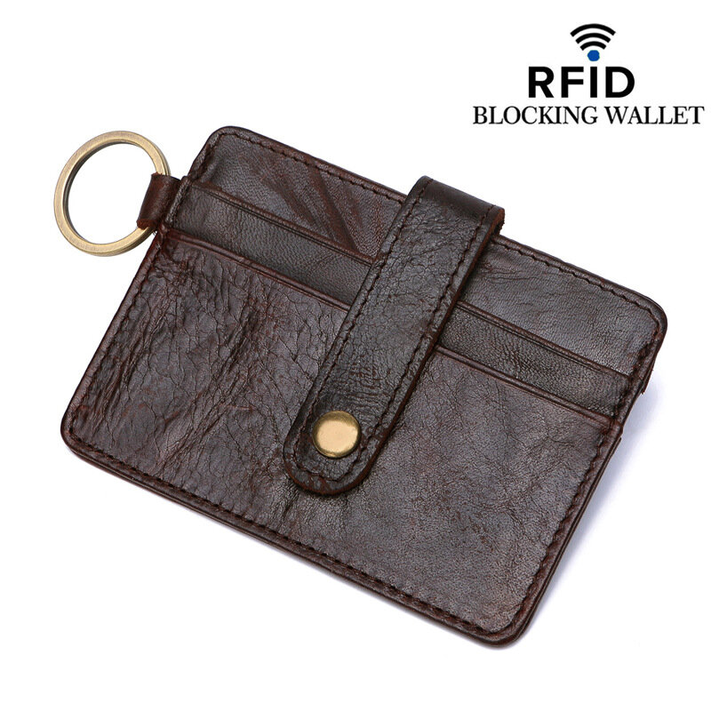Baru Geniune Kulit Slim Dompet Pengait Koin Dompet RFID Blocking Pemegang Kartu Kredit Retro Sapi Gantungan Kunci Kartu Case untuk Pria wanita